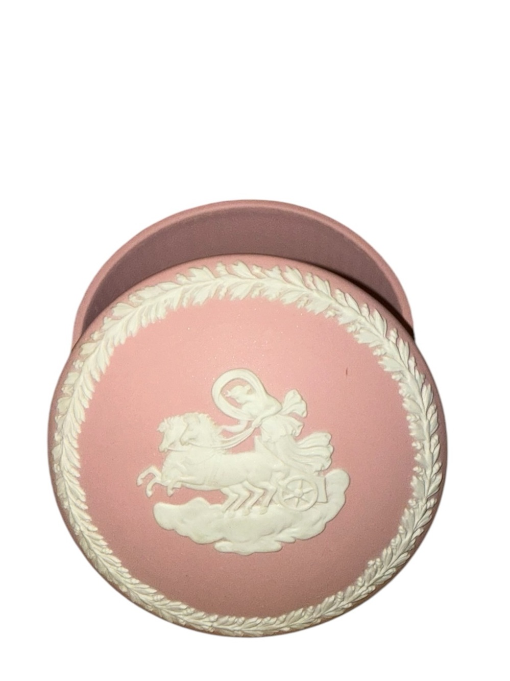WEDGWOOD Pink Jasperware Covered Trinket Box with White Bas Relief details